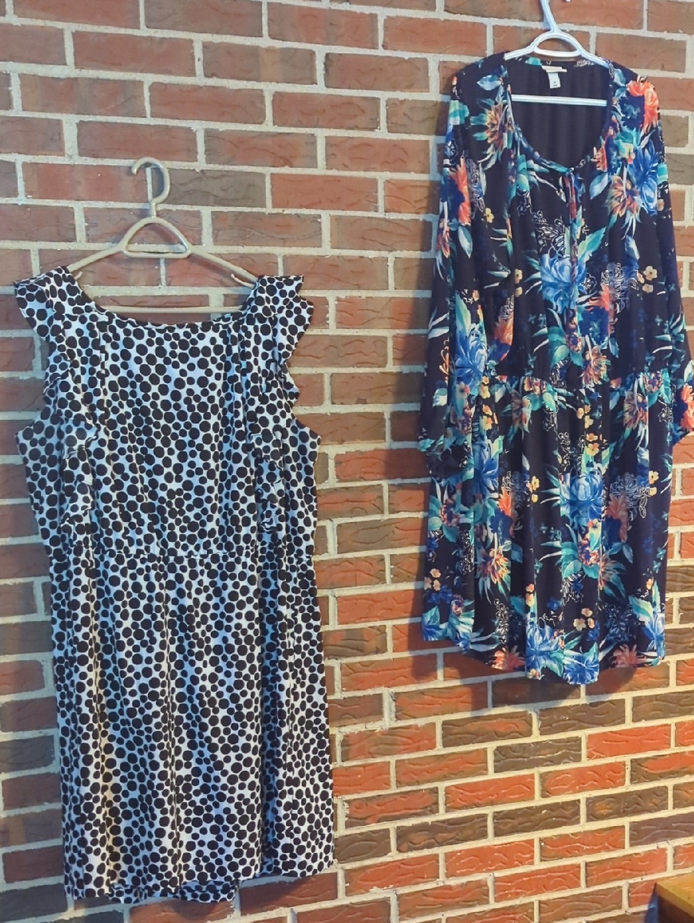 Two Women's Dresses - Black & White Polka Dot + Black Floral Tie-Front